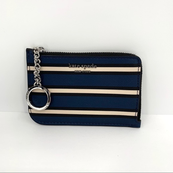Kate Spade Cameron medium L-zip York stripe card holder keyring blue black new - Picture 1 of 6